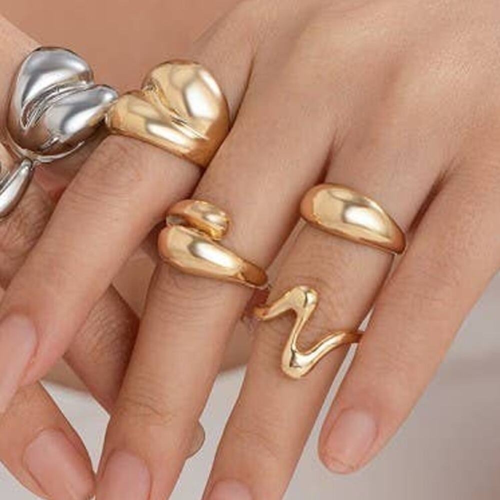 Abstract Boho Ring Set - 4-Piece Gold Adjustable Stackable Rings - Picture 2 of 3